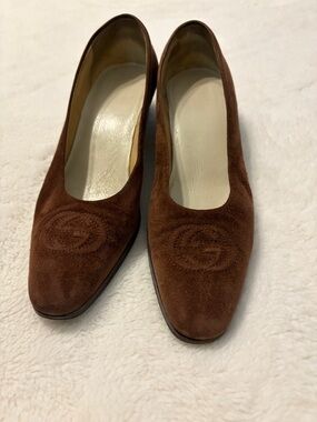 Gucci Brown Suede Low Block Heel Pumps